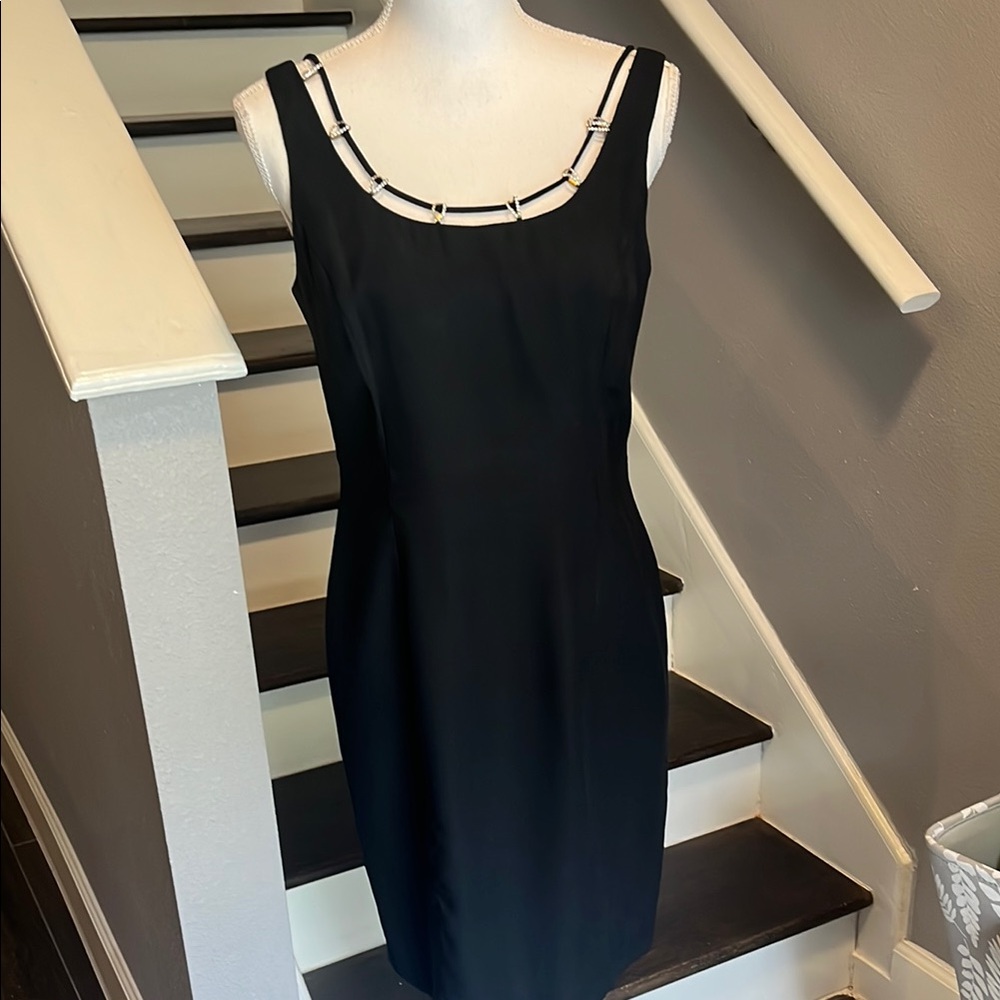 Michael Marcella Black Cocktail Dress. Round neckline w/ Rhinestones. Petite Med